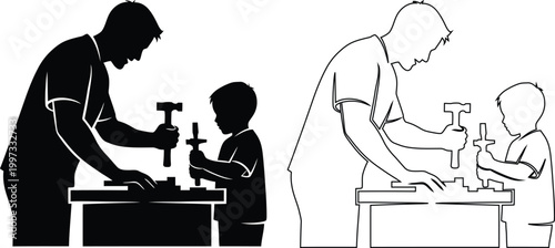 Adult teaching child woodworking with hammer and nails on workbench