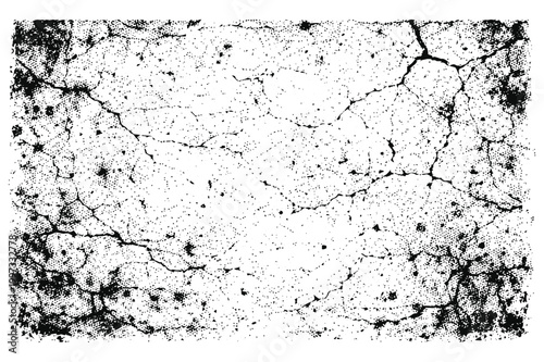 Rough black grunge surface texture with cracks and erosion isolated on white