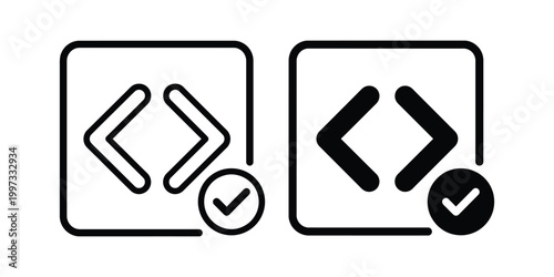 Coding, web development icons, code symbols, programming signs, black vector graphics