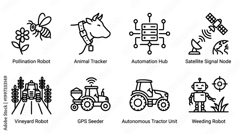 Fototapeta premium Modern agriculture and automation icons for technology and farming concepts