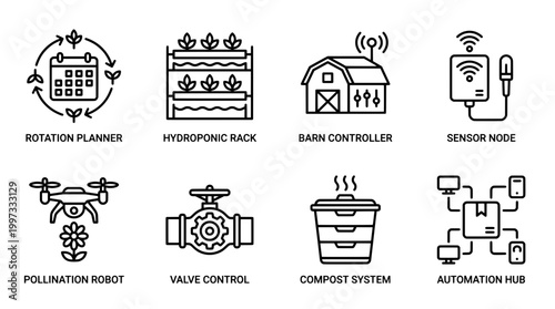 Modern agriculture and automation icons for sustainable farming and technology