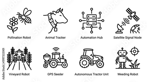 Modern agriculture and automation icons for technology and farming concepts