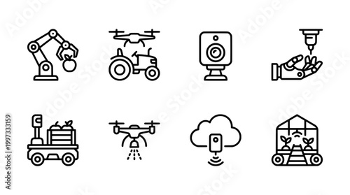 Modern agriculture and automation icons robotic arm drone tractor and greenhouse