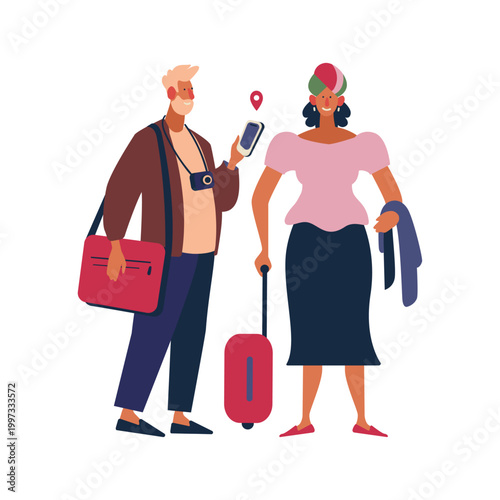 Flat vector illustration featuring diverse people with luggage using smartphones while traveling. Modern people standing with suitcases, backpacks and shopping bags, checking maps and mobile apps. 