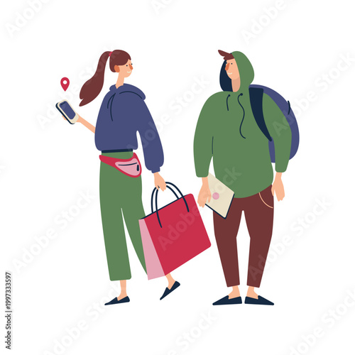 Flat vector illustration featuring diverse people with luggage using smartphones while traveling. Modern people standing with suitcases, backpacks and shopping bags, checking maps and mobile apps. 