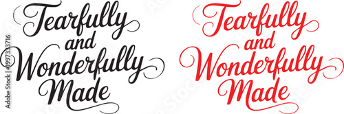 Fearfully and wonderfully made lettering vector illustration elegant script typography black and red variations inspirational faith quote design isolated template for branding and print