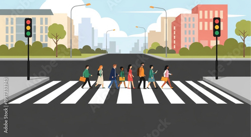 Diverse group of people crossing a busy city street at a crosswalk.