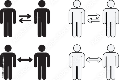 Set of human interaction icons with arrows showing communication exchange connection direction people symbols outline solid styles for UI apps vector illustration clean design