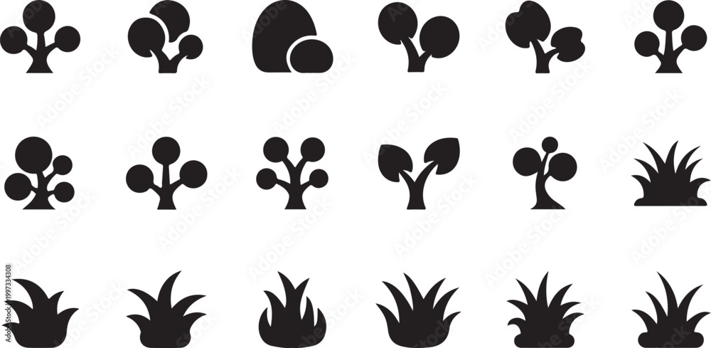 Fototapeta premium Black plant icons, vector foliage symbols, 16 leafy graphics