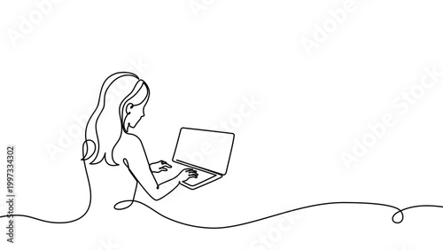 Bilde på lerret Continuous one line laptop woman computer drawing work desk art