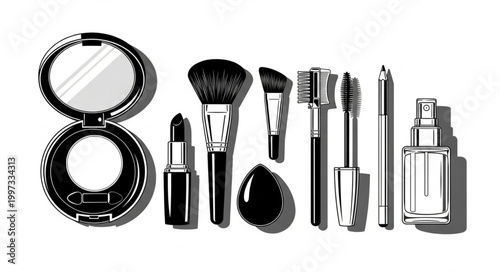 Collection of Makeup Products and Tools for Beauty Application.
