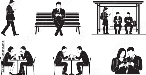 Illustrations of people using smartphones in various daily life situations, showcasing modern digital interaction and mobile technology's pervasive influence