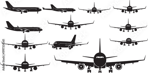 Diverse collection of vector airplane silhouettes, captured from multiple angles and flight perspectives, ideal for modern aviation, travel, and global transport design projects
