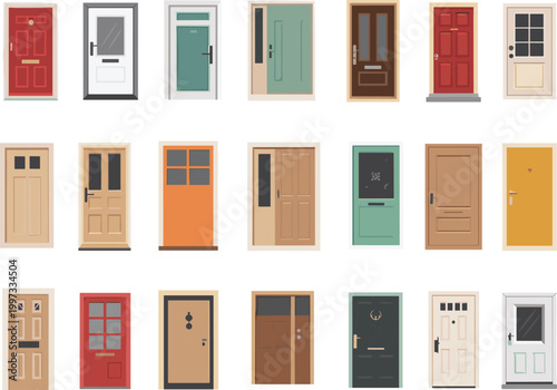 Front door vector set, modern and classic entrance designs, residential house exterior elements collection for architecture illustration design