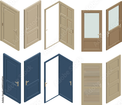 Interior door vector set, open and closed wooden doors, modern home entrance elements collection for architecture illustration design