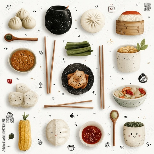 Childlike Seamless Doodle Pattern of Dumplings, Buns, and Steamed Snacks