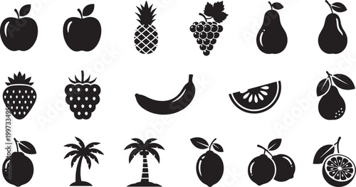 Diverse Collection of Fresh Fruit Silhouettes Vector Set for Healthy Eating and Organic Food Designs, Featuring Tropical and Common Produce Icons Perfect for Nutritional Graphics