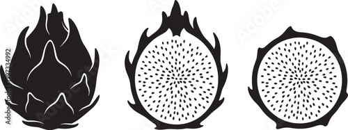 Monochrome vector graphics of exotic dragon fruit, from its distinctive exterior to its seed-speckled interior. This set symbolizes a healthy, fresh tropical delight