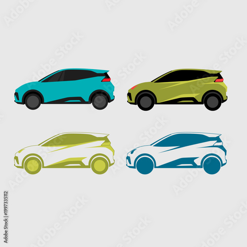 Modern LCGC hatchback car silhouette vector illustration set