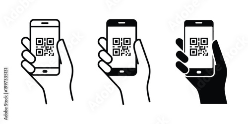 qr code scan icon set vector illustration, smartphone scanning qr code with hand gesture interface, showing mobile payment, digital authentication, information transfer and wireless technology concept