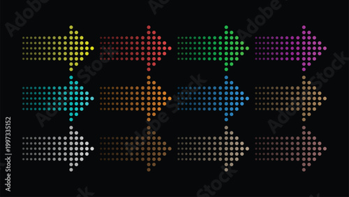 Colorful dotted arrow vector set featuring gradient halftone dot patterns. Modern directional icons for navigation, UI design, infographics, and digital interfaces isolated on dark background.