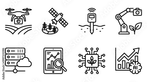 Modern agriculture technology icons drone satellite soil sensor robotic arm