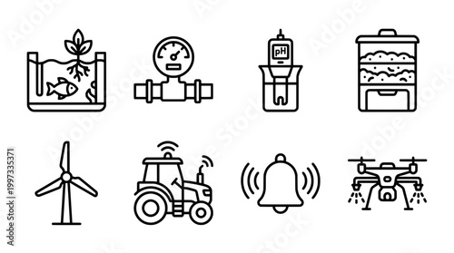 Modern farming and technology icon set agriculture green energy and sensors