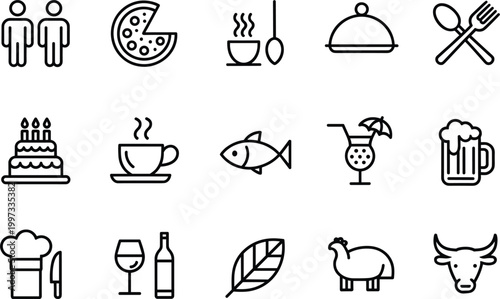Food and drink line icons set, restaurant menu items cooking beverages outline vector illustration