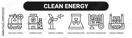 Clean Energy web banner icon vector illustration concept with icons of cooling tower, power plant, energy turbine, nuclear reactor, electric generator, and steam turbine. 