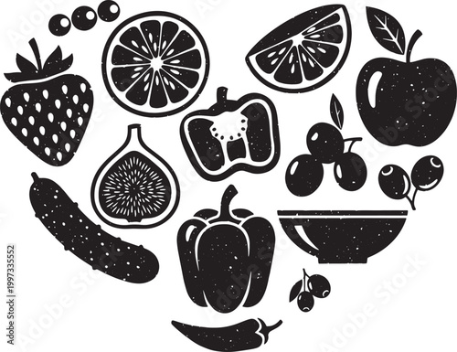 Heart-shaped arrangement of diverse fruits and vegetables in a rustic, textured silhouette style, symbolizing healthy eating, natural freshness, and wholesome living