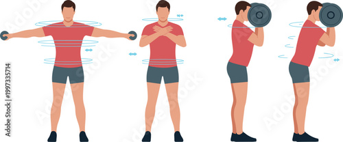 Shoulder mobility exercises set, man stretching rotation and weight training fitness workout vector illustration
