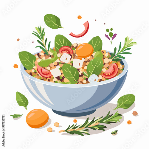 Linsensalat mit Frühlingsgemüse und Kräutern gesund angerichtet