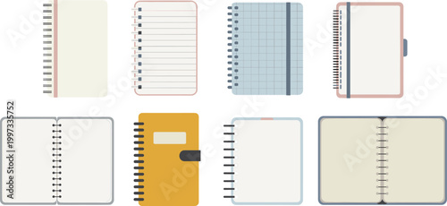 Notebook vector set, spiral bound journals, planners and diaries collection for office school stationery illustration design