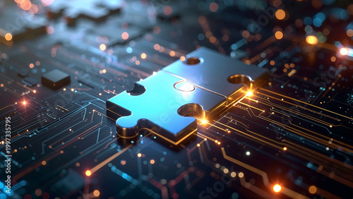 Digital puzzle pieces glowing against a futuristic blue abstract background, symbolizing the concept of integration and seamless connectivity