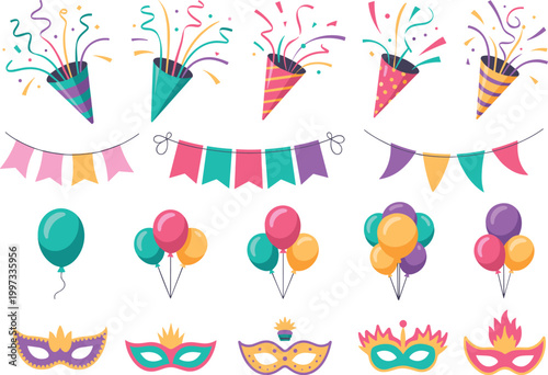 Party celebration vector set, confetti poppers, garlands, balloons and carnival masks collection for festive design illustration