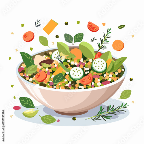 Linsensalat mit Frühlingsgemüse und Kräutern gesund angerichtet