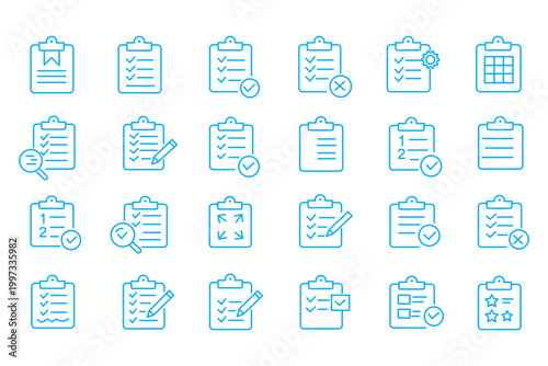 Clipboard icon set. Report and survey editable line icons. Vector illustration.