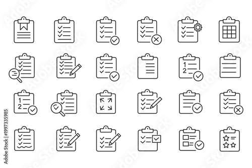 Clipboard icon set. Report and survey editable line icons. Vector illustration.