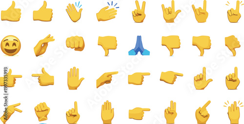 Hand Emoji Icon Set Featuring Thumbs Up, Thumbs Down, Pointing, and Gesture Symbols for Communication, Social Media, and Digital Expression