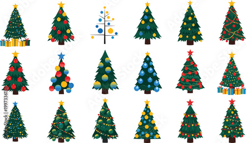 Decorated Christmas tree vector set with colorful ornament balls, star topper, garland lights and gift boxes festive holiday winter collection design