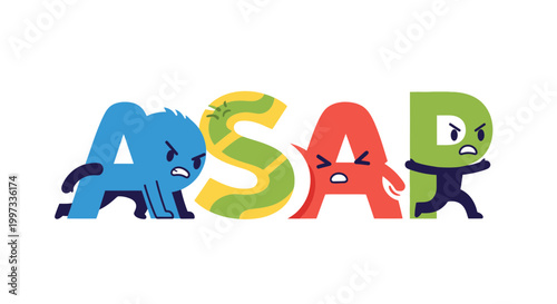 ASAP letters with cartoon characters running and fighting, graphic illustration, for urgency and speed concept