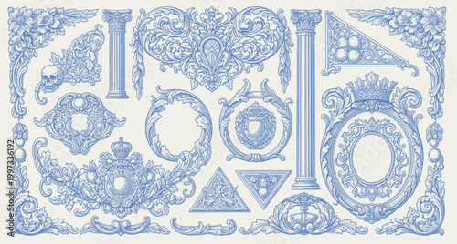 Ornate blue decorative motifs and architectural elements collage