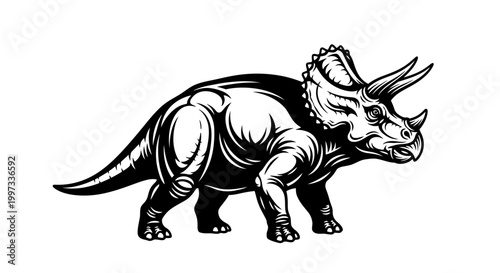 Triceratops Dinosaur Side Stance Black and White Stencil Vector Illustration