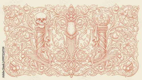 Ornate Victorian Tapestry with Skull, Pillar, and Birds Motif