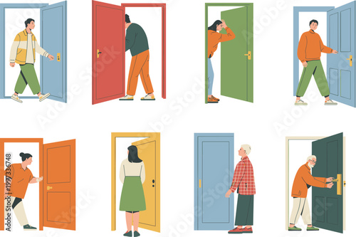 People opening doors vector set, entering and leaving home scenes, everyday life situations collection for lifestyle illustration design