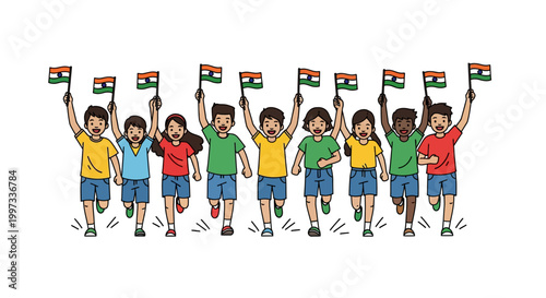 Group of Diverse Children Running Joyfully Holding Indian Flags
