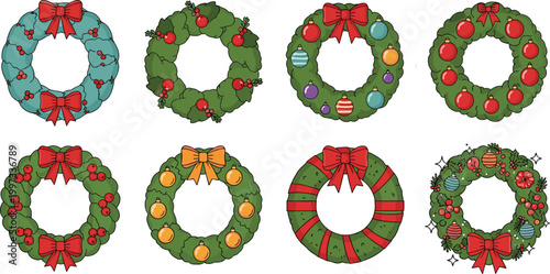 Christmas wreath vector set with eight decorated green wreaths featuring red bow, ornament balls, holly berries and ribbon festive holiday collection design
