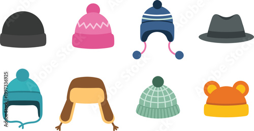Winter hat vector set, beanies, earflap caps, warm headwear collection for cold weather fashion illustration design