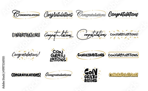Congratulations banner lettering design bundle. Elegant, Fun and joyful typographic messages with confetti and gold frames.