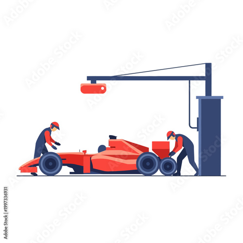 Red Race Car Being Serviced By Two Mechanics In A Garage